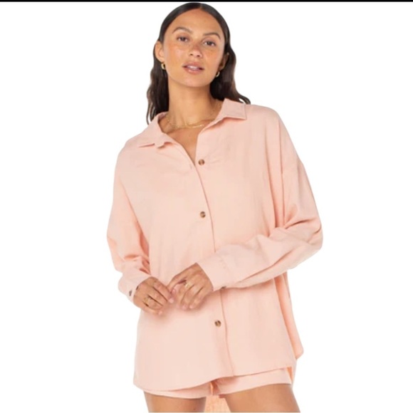 Roxy Women's Morning Time Gauze Linen Pink Button-Up Shirt Sz Large - Picture 5 of 12
